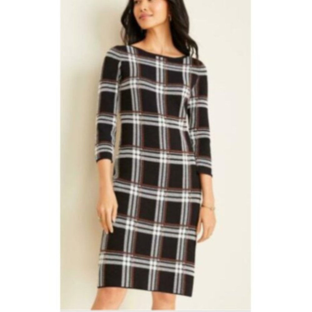 Ann Taylor Black and Brown Plaid Knit Sweater Dress